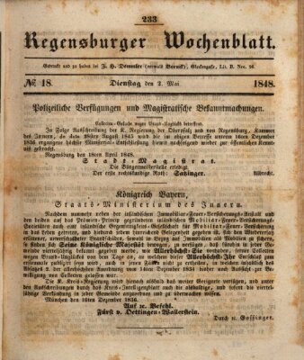 Regensburger Wochenblatt Dienstag 2. Mai 1848