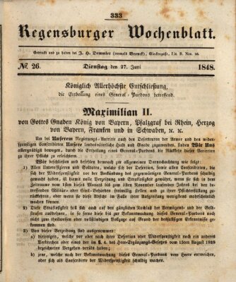 Regensburger Wochenblatt Dienstag 27. Juni 1848