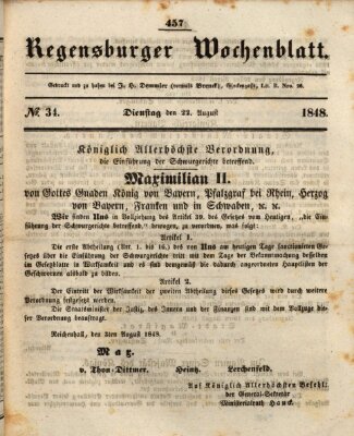 Regensburger Wochenblatt Dienstag 22. August 1848