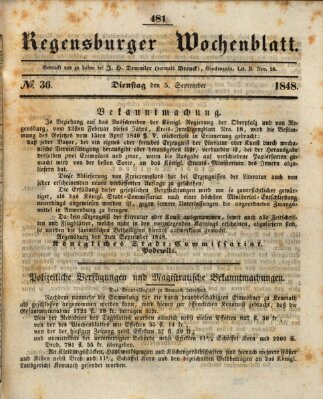 Regensburger Wochenblatt Dienstag 5. September 1848