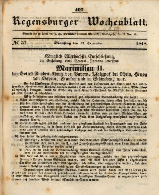 Regensburger Wochenblatt Dienstag 12. September 1848