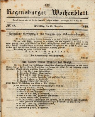 Regensburger Wochenblatt Dienstag 28. November 1848