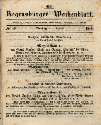 Regensburger Wochenblatt Dienstag 5. Dezember 1848