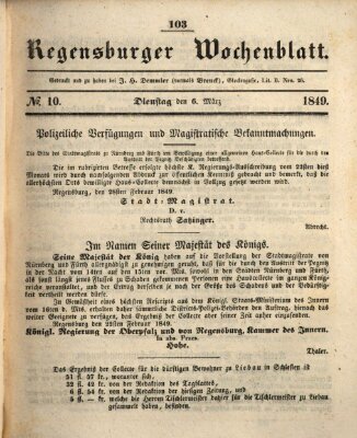 Regensburger Wochenblatt Dienstag 6. März 1849