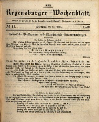 Regensburger Wochenblatt Dienstag 13. März 1849