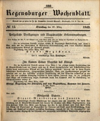 Regensburger Wochenblatt Dienstag 27. März 1849