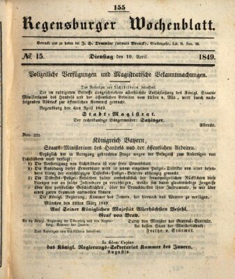 Regensburger Wochenblatt Dienstag 10. April 1849