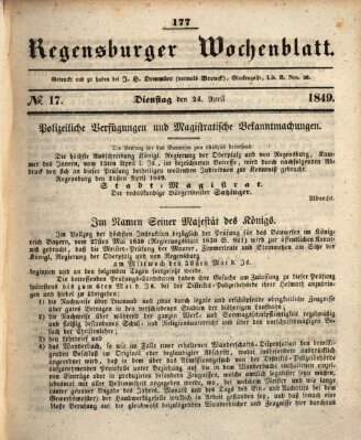 Regensburger Wochenblatt Dienstag 24. April 1849