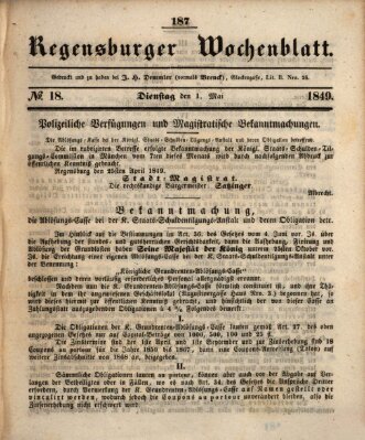 Regensburger Wochenblatt Dienstag 1. Mai 1849