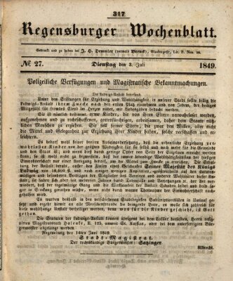 Regensburger Wochenblatt Dienstag 3. Juli 1849