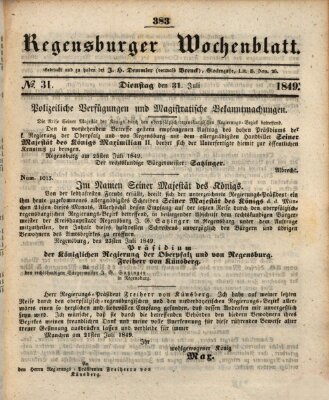 Regensburger Wochenblatt Dienstag 31. Juli 1849