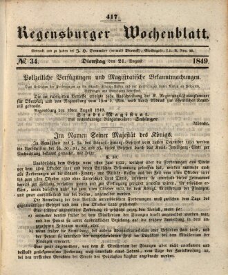 Regensburger Wochenblatt Dienstag 21. August 1849