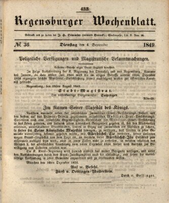 Regensburger Wochenblatt Dienstag 4. September 1849