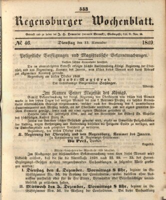 Regensburger Wochenblatt Dienstag 13. November 1849