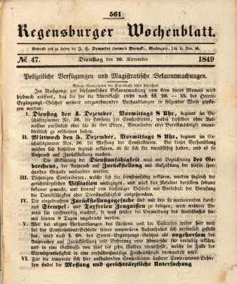 Regensburger Wochenblatt Dienstag 20. November 1849