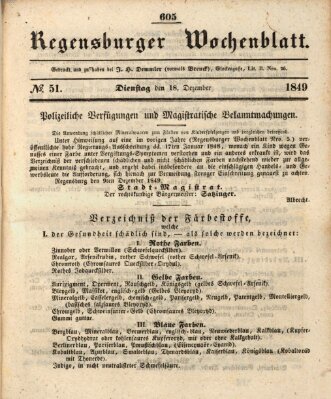 Regensburger Wochenblatt Dienstag 18. Dezember 1849