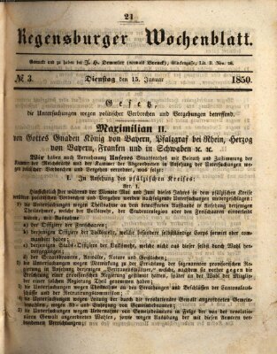 Regensburger Wochenblatt Dienstag 15. Januar 1850