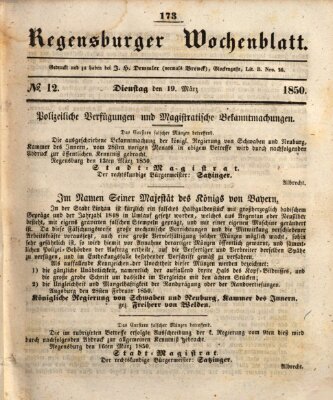 Regensburger Wochenblatt Dienstag 19. März 1850