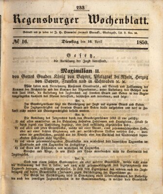 Regensburger Wochenblatt Dienstag 16. April 1850