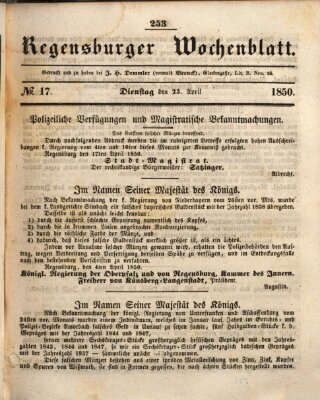 Regensburger Wochenblatt Dienstag 23. April 1850