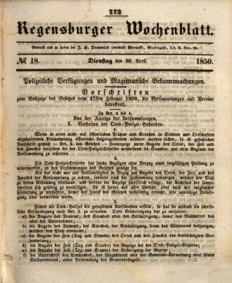 Regensburger Wochenblatt Dienstag 30. April 1850