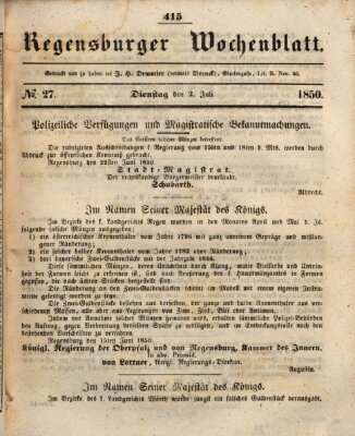 Regensburger Wochenblatt Dienstag 2. Juli 1850