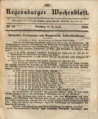 Regensburger Wochenblatt Dienstag 20. August 1850