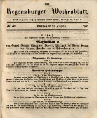 Regensburger Wochenblatt Dienstag 24. September 1850