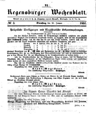 Regensburger Wochenblatt Dienstag 21. Januar 1851