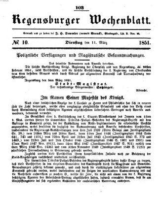 Regensburger Wochenblatt Dienstag 11. März 1851