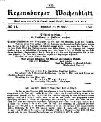 Regensburger Wochenblatt Dienstag 18. März 1851