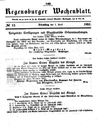 Regensburger Wochenblatt Dienstag 1. April 1851