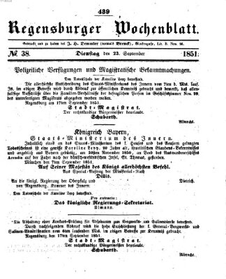 Regensburger Wochenblatt Dienstag 23. September 1851