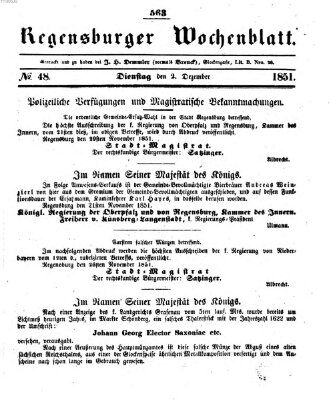 Regensburger Wochenblatt Dienstag 2. Dezember 1851