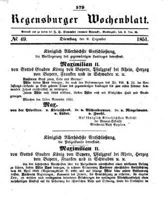 Regensburger Wochenblatt Dienstag 9. Dezember 1851