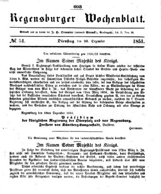 Regensburger Wochenblatt Dienstag 23. Dezember 1851