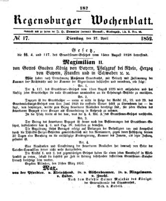 Regensburger Wochenblatt Dienstag 27. April 1852