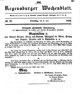 Regensburger Wochenblatt Dienstag 6. Juli 1852