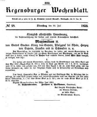 Regensburger Wochenblatt Dienstag 13. Juli 1852