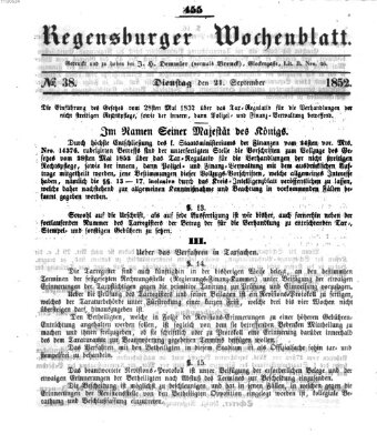 Regensburger Wochenblatt Dienstag 21. September 1852