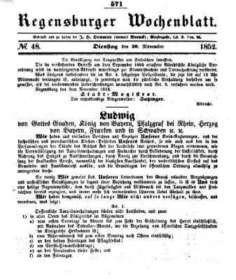 Regensburger Wochenblatt Dienstag 30. November 1852