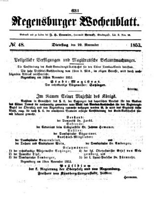 Regensburger Wochenblatt Dienstag 29. November 1853