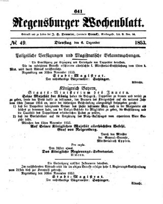 Regensburger Wochenblatt Dienstag 6. Dezember 1853