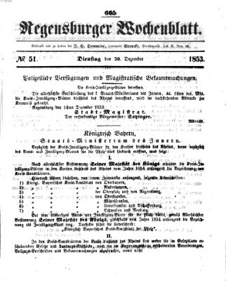 Regensburger Wochenblatt Dienstag 20. Dezember 1853