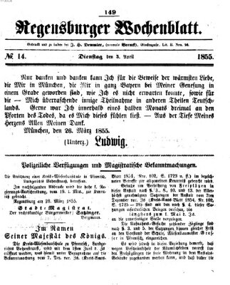 Regensburger Wochenblatt Dienstag 3. April 1855