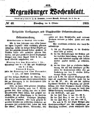 Regensburger Wochenblatt Dienstag 2. Oktober 1855