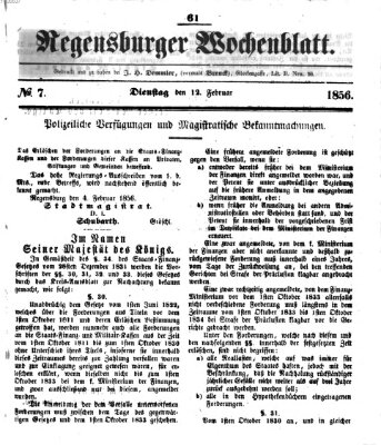 Regensburger Wochenblatt Dienstag 12. Februar 1856