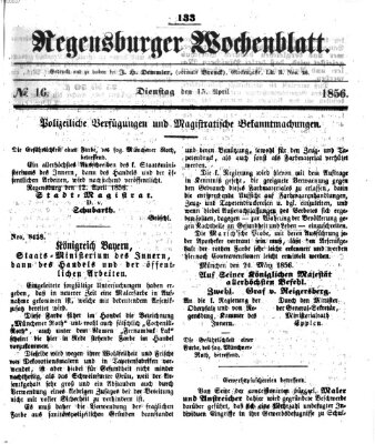 Regensburger Wochenblatt Dienstag 15. April 1856