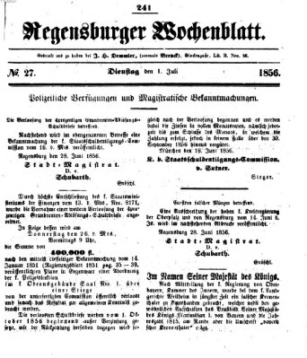 Regensburger Wochenblatt Dienstag 1. Juli 1856