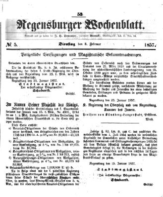 Regensburger Wochenblatt Dienstag 3. Februar 1857